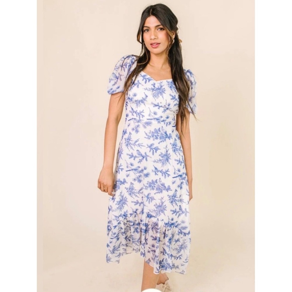 Ivy City Co Blue White Toile Floral Midi Dress Puff Sleeve XXL